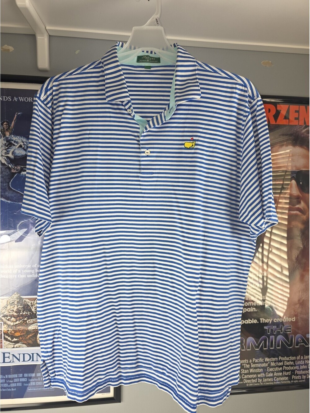 Masters Peter Millar Size XL Short Sleeve Golf Shirt Blue Striped Performance